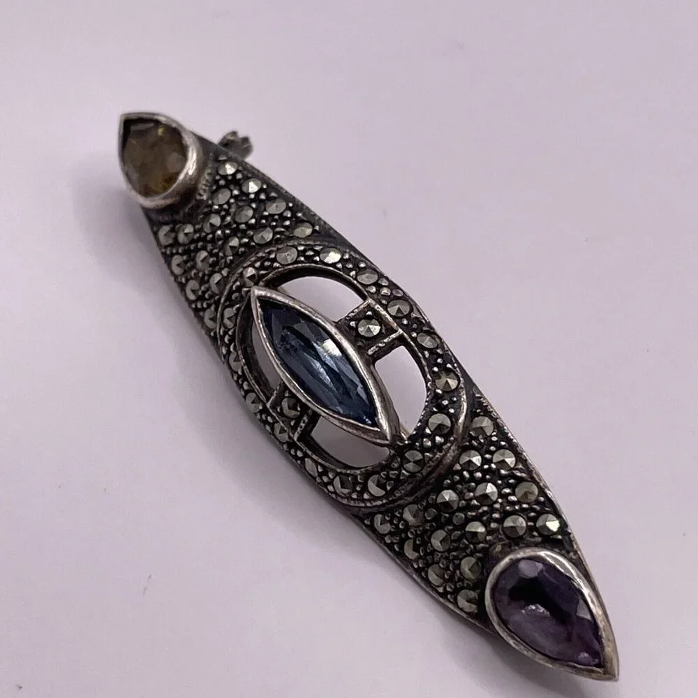 925 Sterling Silver Vintage Blue Topaz‎ Amethyst Citrine & Marcasite Brooch Pin